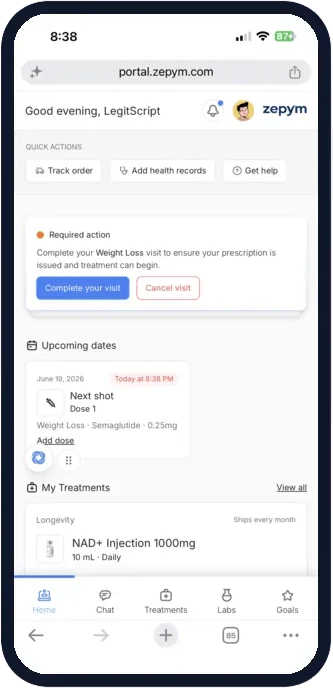 The Zepym patient portal on a phone